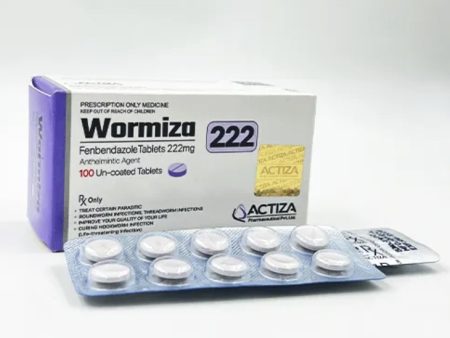 Box of Fenbendazole 222mg Wormiza antiparasitic tablets alongside blister packs on a clean background.