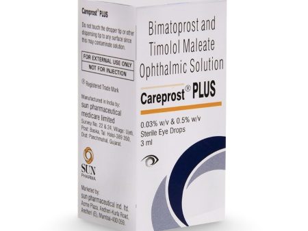 Box of Careprost 0.03% bimatoprost ophthalmic solution by Sun Pharma Laboratories next to a 3ml eye drop bottle for eyelash growth.