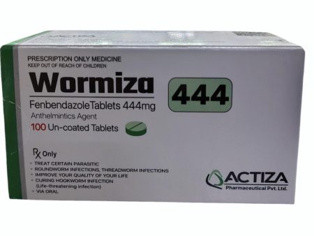 Box of high-strength Fenbendazole 444mg Wormiza tablets for internal parasite infections on a clean background.
