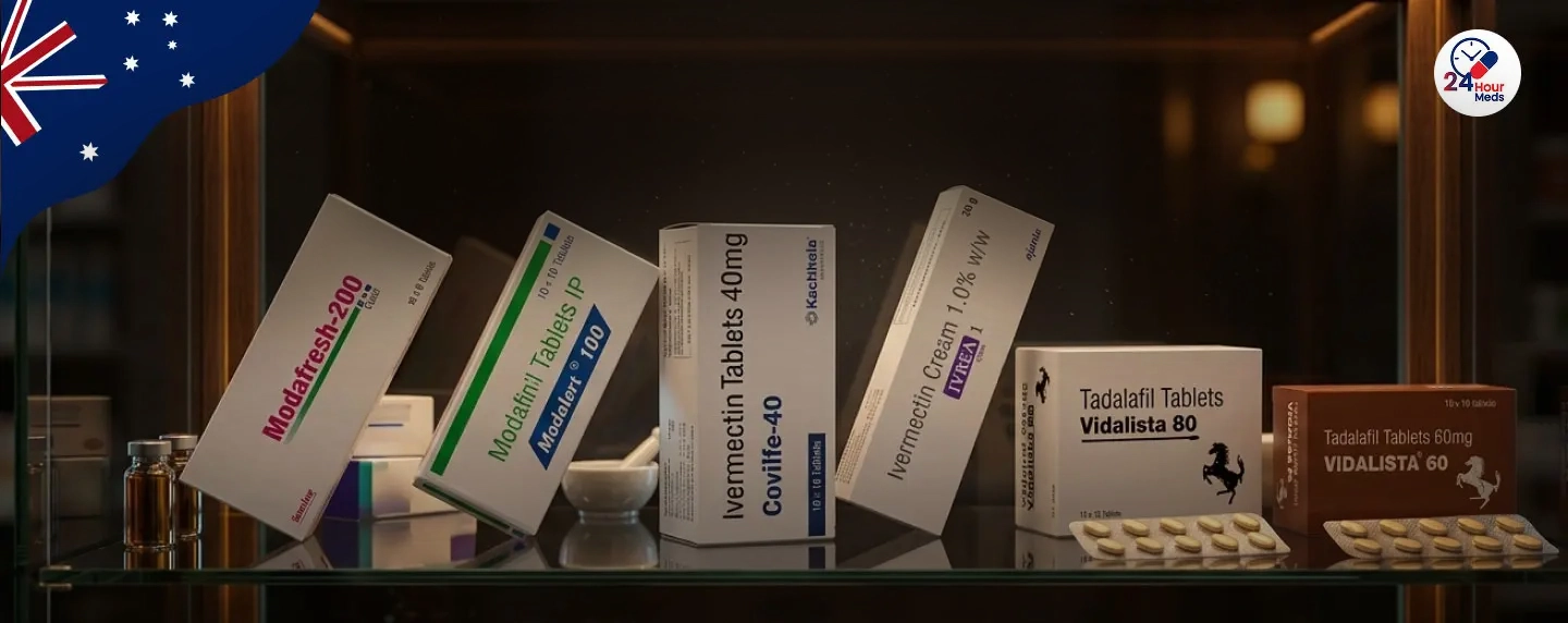Boxes of generic medicines including Modafinil and erectile dysfunction treatments packaged for delivery in Australia