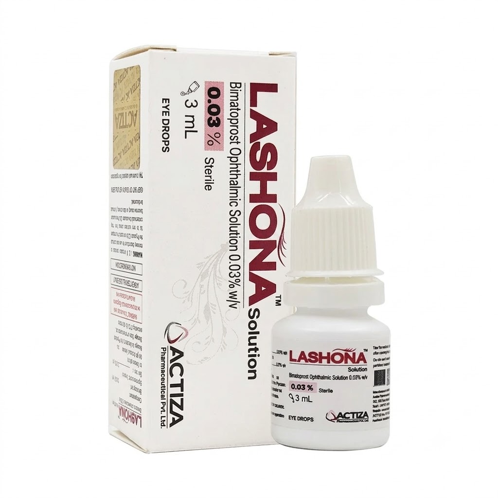 Lashona Bimatoprost 0.03% solution box and dropper bottle, used for cosmetic eye lashes care and growth in Australia.