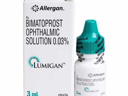 Lumigan 0.03% Bimatoprost ophthalmic solution 3mL bottle and packaging for eye care and eyelash growth treatment in Australia.