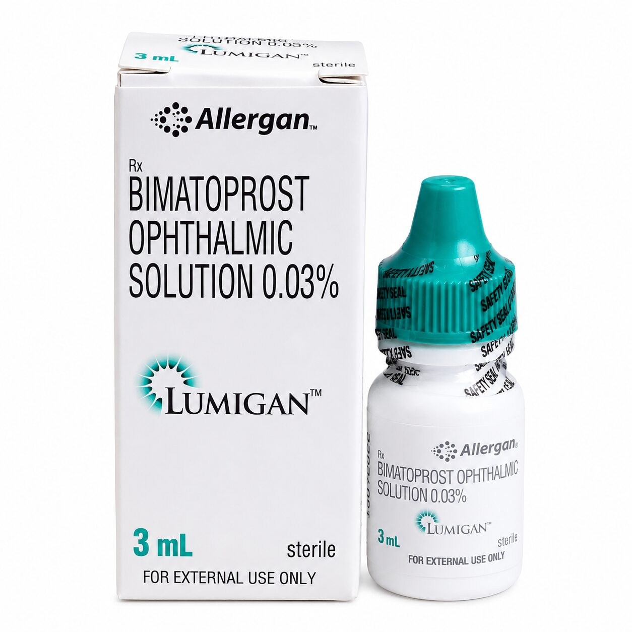 Lumigan 0.03% Bimatoprost ophthalmic solution 3mL bottle and packaging for eye care and eyelash growth treatment in Australia.