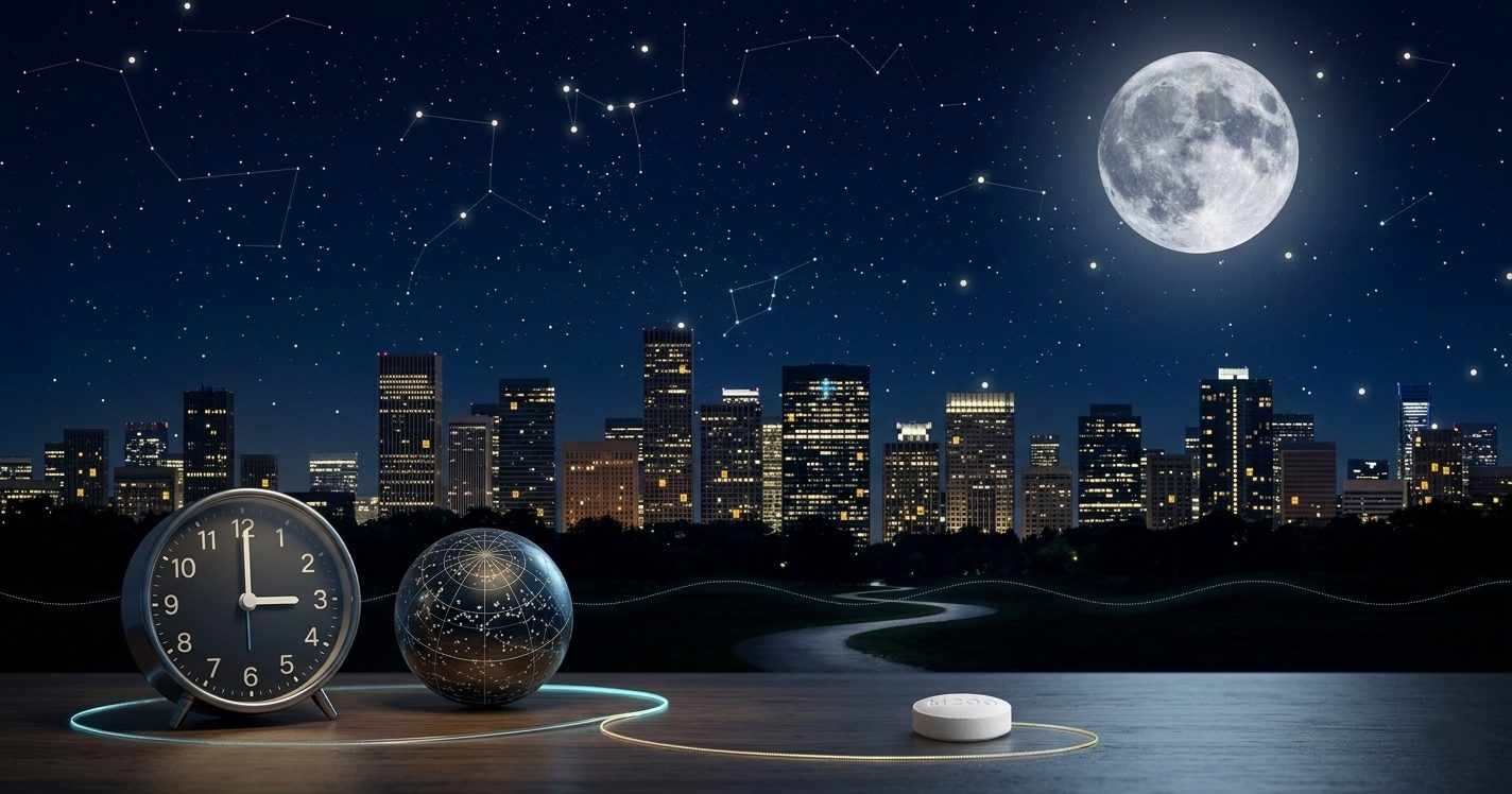 Modafinil Australia concept image featuring a nighttime city skyline, moon, clock, and tablet symbolizing focus, wakefulness, productivity, and mental clarity in Australia.