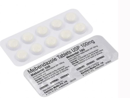 Mebentel 100mg Mebendazole tablets shown in a clear blister pack alongside the printed silver foil backing displaying the Kachhela Medex manufacturer text.