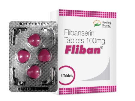 Packaging of Fliban 100mg tablets next to a blister pack of pink, triangular Flibanserin pills on a clean background.