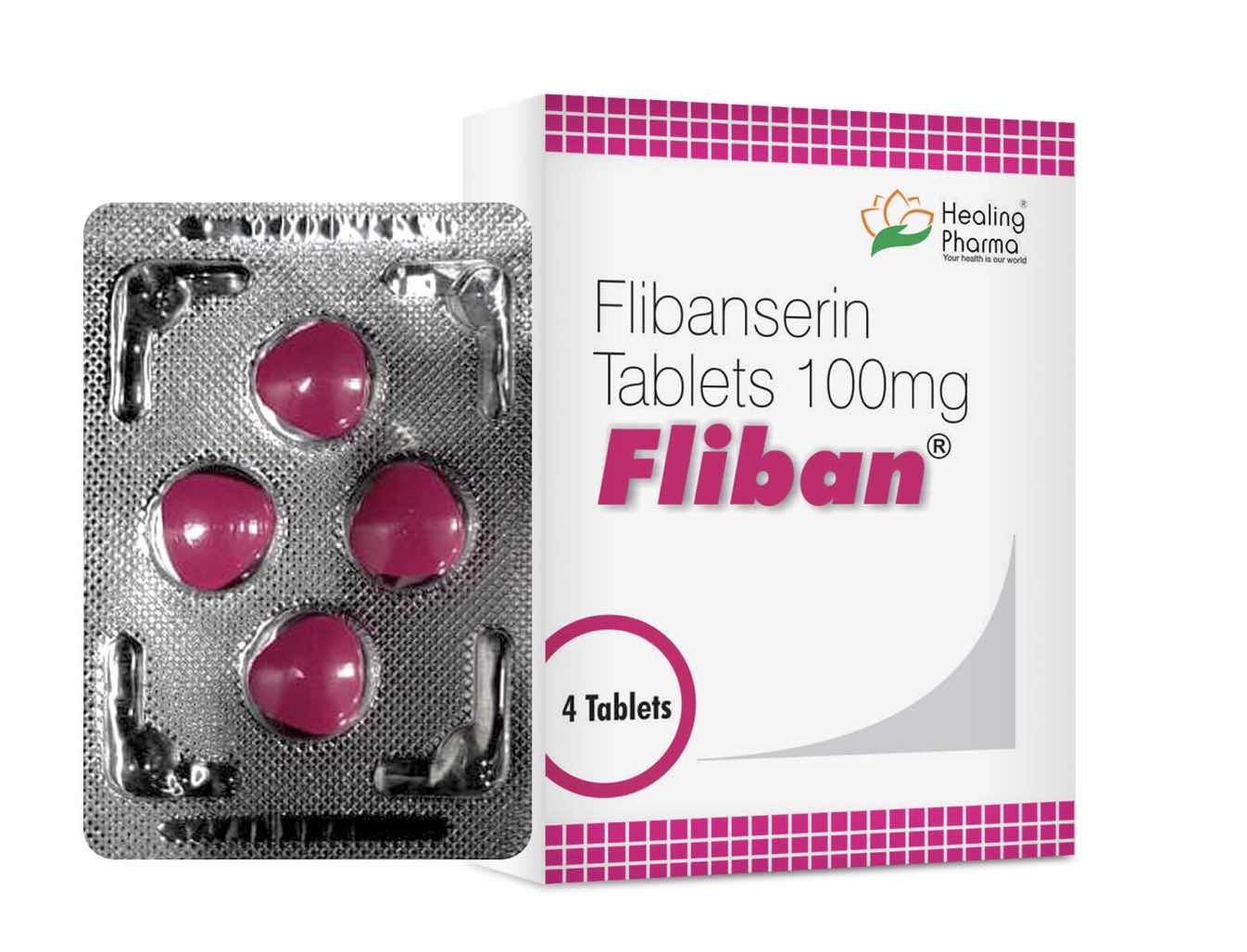 Packaging of Fliban 100mg tablets next to a blister pack of pink, triangular Flibanserin pills on a clean background.