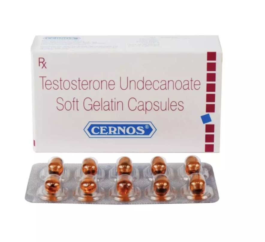 Authentic pack of Cernos 40mg Soft Gelatin Capsules, the premium needle-free oral testosterone replacement therapy solution.
