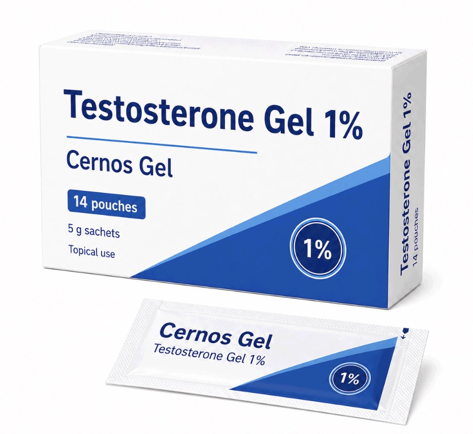 Cernos Gel 1 percent transdermal testosterone replacement therapy sachet box available at 24 Hour Meds Australia