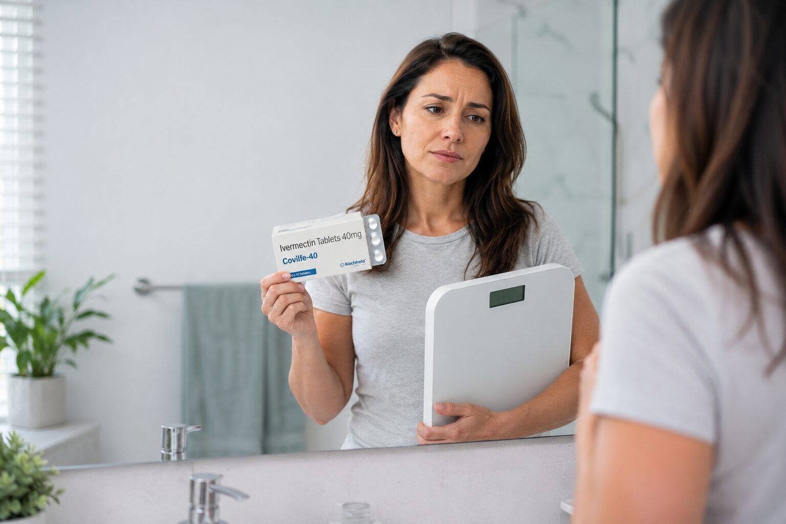 Australian woman holding an ivermectin tablet box and a bathroom scale while considering whether ivermectin helps with weight loss.