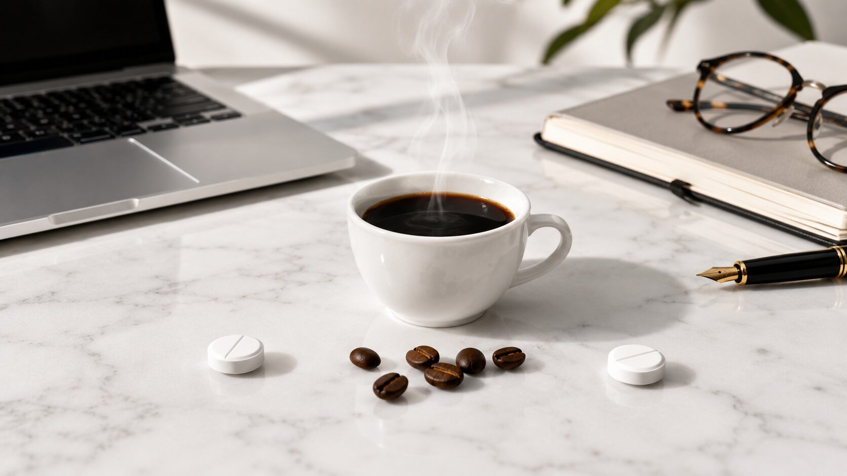 Cup of black coffee with two tablets on a modern workspace illustrating a comparison between Modafinil, Armodafinil, and caffeine for focus and wakefulness in Australia.