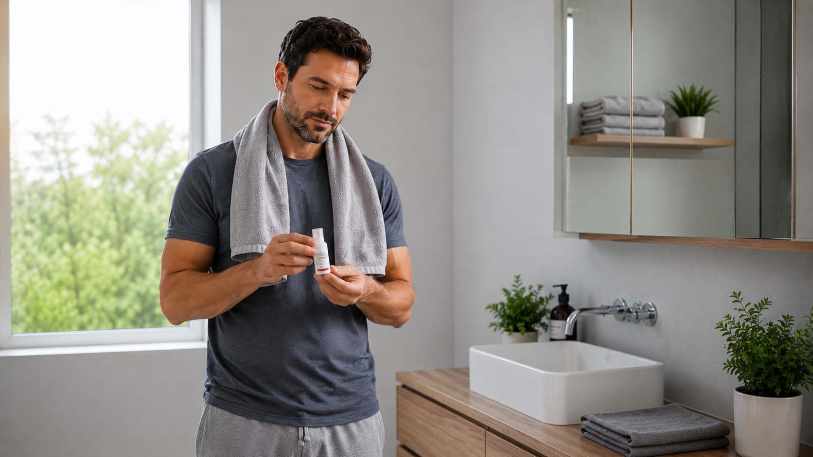 Man holding testosterone gel while considering testosterone replacement treatment in Australia